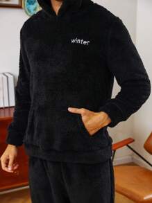 男士字母刺繡袋鼠口袋毛絨帽衫和褲子睡衣套裝 - 黑色 - 查看 7