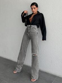 EURMUSE Women's Distressed High Waisted Jeans - Grey - View 5