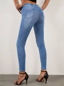 Cottnline Skinny High Waisted Denim Long Pants - Blue - View 2