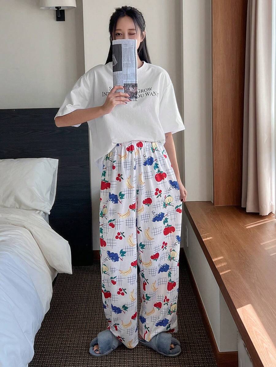 DAZY Slogan & In trái cây Thả vai Bộ giản dị - trắng - Xem 1