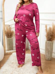 Plus Heart & Eyelash Print PJ Set - Hot Pink - View 2