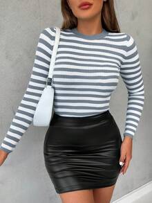 EURMUSE Women's Striped Slim Fit Pullover Sweater - Grey - View 3