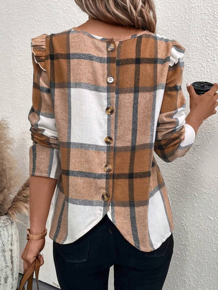 SHEIN Clasi 格紋印花後紐扣荷葉邊襯衫 - 彩色 - 查看 1