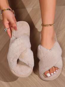 Pantufas femininas de bico aberto e com tiras cruzadas para outono/inverno, chinelos de pelúcia antiderrapantes para uso interno, chinelos elegantes e de alta qualidade para todas as estações - Caqui - Ver 2