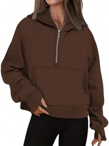 SHEIN Essnce Half Zip Raglan Sleeve Kangaroo Pocket Hoodie - Coffee Brown - View 1
