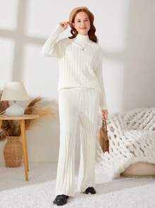 SHEIN Chica adolescente Jersey de cuello alto con pantalones tejidos - Blanco - Ver 4