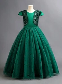 SHEIN Chica preadolescente Vestido de fiesta panel con lentejuela con malla