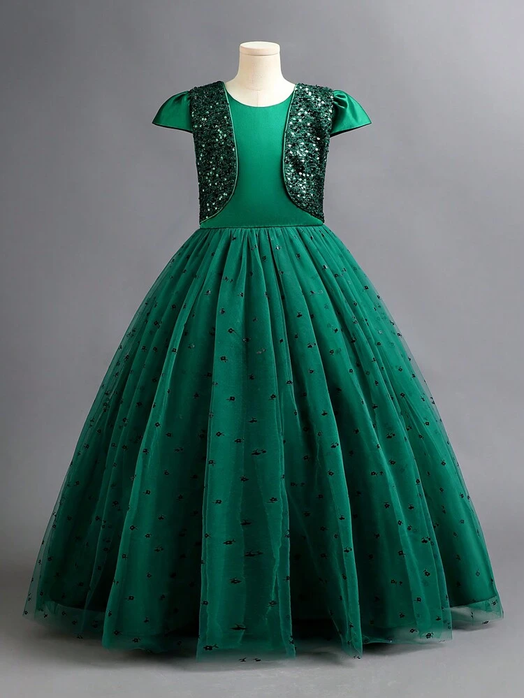 Tween Girl Sequin Panel Mesh Overlay Gown Dress