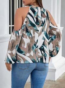 Easura Plus Allover Print Cold Shoulder Lantern Sleeve Blouse Fall Cloth For Women - Multicolor - View 2