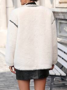 Chiquease Contrast Trim Drop Shoulder Fuzzy Coat Fall Cloth For Women - White - View 2
