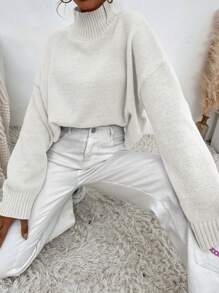 SHEIN LUNE Suéter de cuello alto con hombros caídos, blusas de manga larga - Blanco - Ver 3