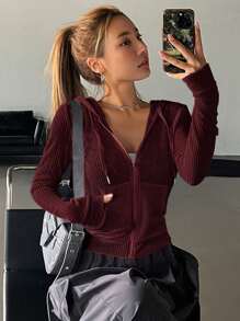 DAZY Solid Zip Up Drawstring Hooded Sweatshirt,Long Sleeve Tops Jacket Hoodies - Burgundy - View 1