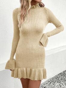 SHEIN LUNE Cổ giả tay áo lá sen Xù Hoa Sen Đầm Áo len - Màu be - Xem 3