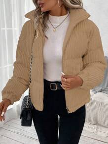 SHEIN LUNE Zip Up Corduroy Padded Coat In Fall/Winter - Khaki - View 3