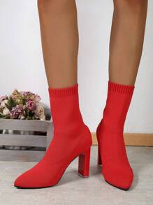 Women's Thick Heel Knit Sock Boots Elegant Pointed-Toe Comfortable Fashion Short Boots, Match With Cardigan, Red , Wear With Sweater, Suitable For Women Fashion Boots With Long Dress