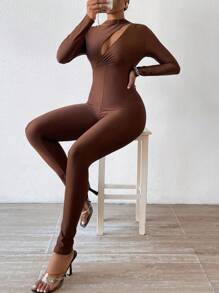 SHEIN Slayr Funnel Neck Cut Out Unitard Jumpsuit - Brown - View 1