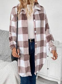 SHEIN Privé 格紋印花落肩袖弧形下擺外套 - 棕色 - 查看 1