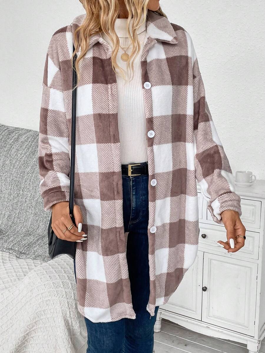 SHEIN Privé 格紋印花落肩袖弧形下擺外套 - 棕色 - 查看 1