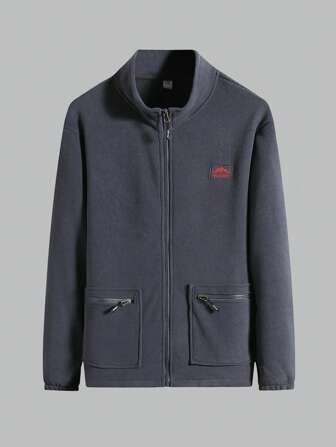 Hombres Cazadora con diseño de parche de letra con doble bolsillo forro polar