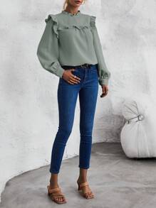 SHEIN Frenchy Blusa ribete con fruncido de manga farol - Gris - Ver 4