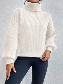 Celisse 高领落肩罗纹针织毛衣，长袖上衣