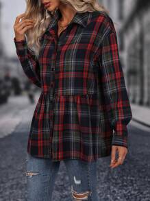 SHEIN LUNE 女式翻領格紋落肩長袖襯衫(荷葉邊下擺) - 彩色 - 查看 6