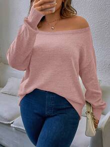 Calvaya Plus Off Shoulder Drop Shoulder Sweater Knit Pullover Fall Winter Sweater - Pink - View 1