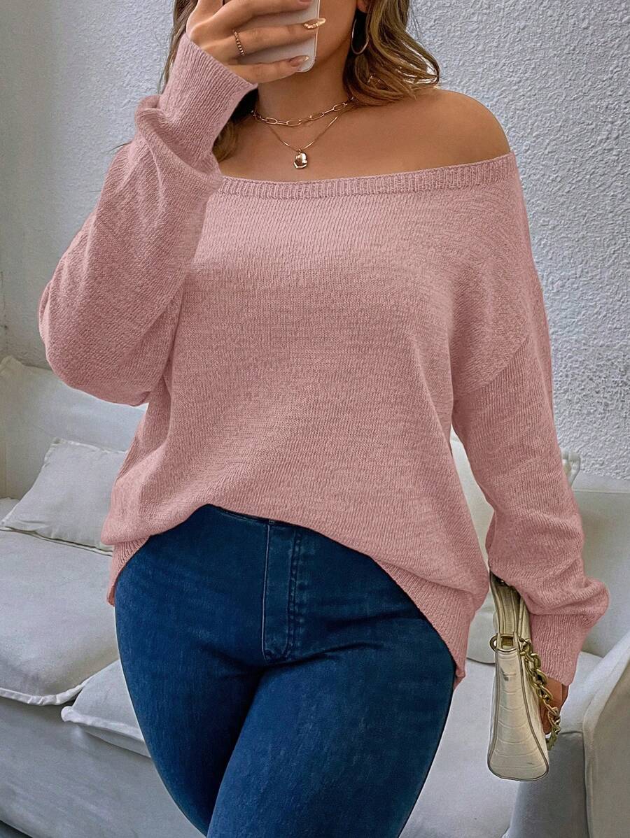 Calvaya Plus Off Shoulder Drop Shoulder Sweater Knit Pullover Fall Winter Sweater - Pink - View 1