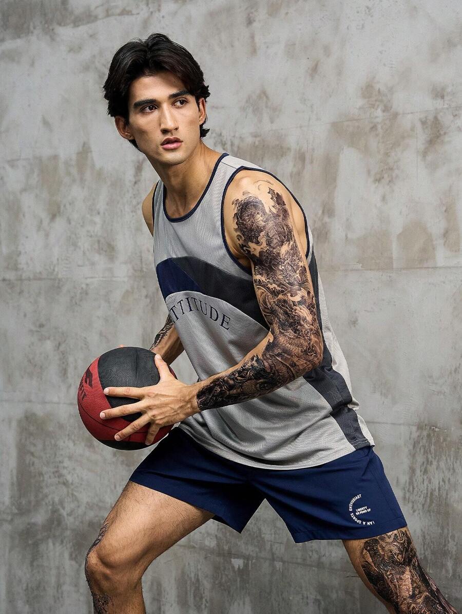 SHEIN Riding Men Letter Graphic Contrast Binding Sports Set Jersey Basketball Jersey Menmens Singletssports Wear For Menbasketball Jerseymens Sports Wear