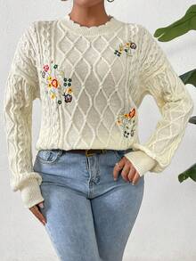 SHEIN VCAY Thêu hoa Xoắn Dan Thả vai Áo len - Màu be - Xem 5