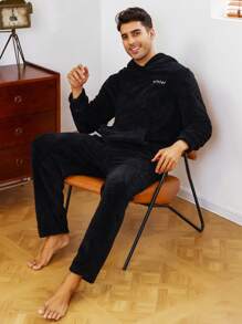 男士字母刺繡袋鼠口袋毛絨帽衫和褲子睡衣套裝 - 黑色 - 查看 3