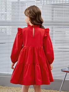 女小童素色荷葉邊娃娃裙 - 紅色 - 查看 2