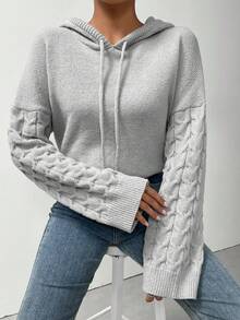 SHEIN Essnce 麻花編織落肩袖抽繩連帽套頭毛衣 - 灰色 - 查看 3