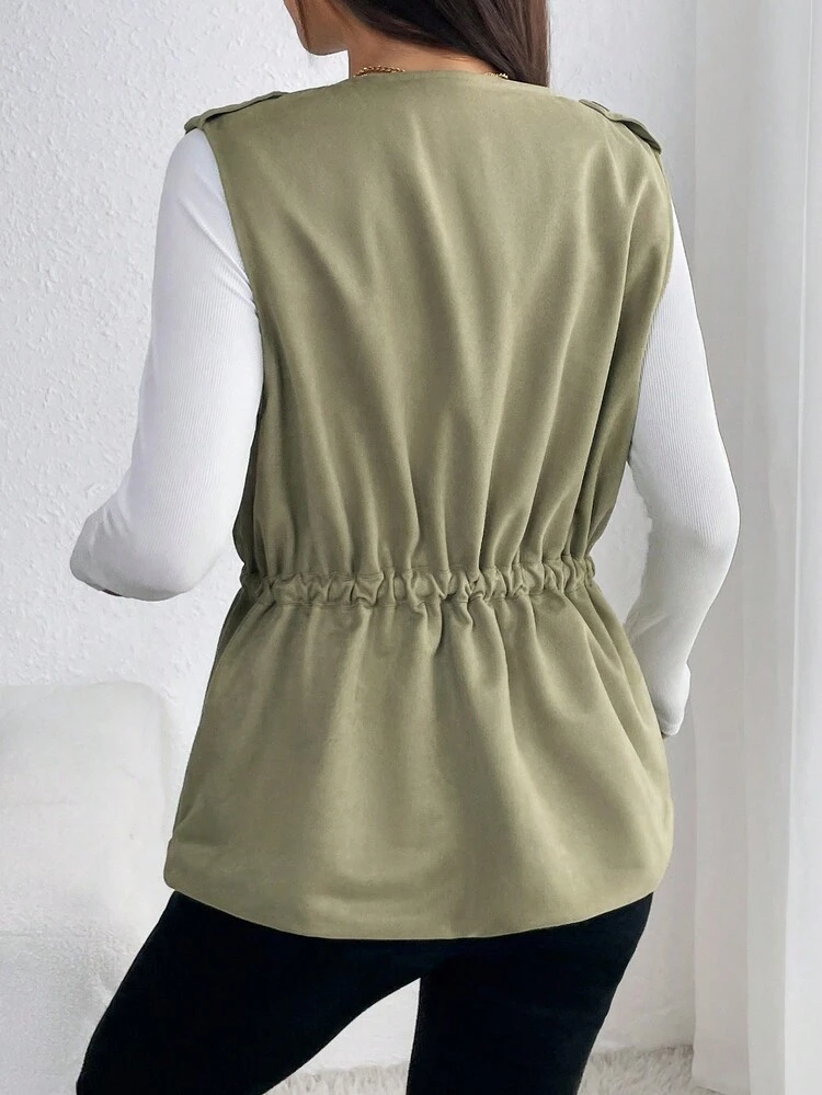 Waterfall Collar Drawstring Waist Zip Up Vest Coat