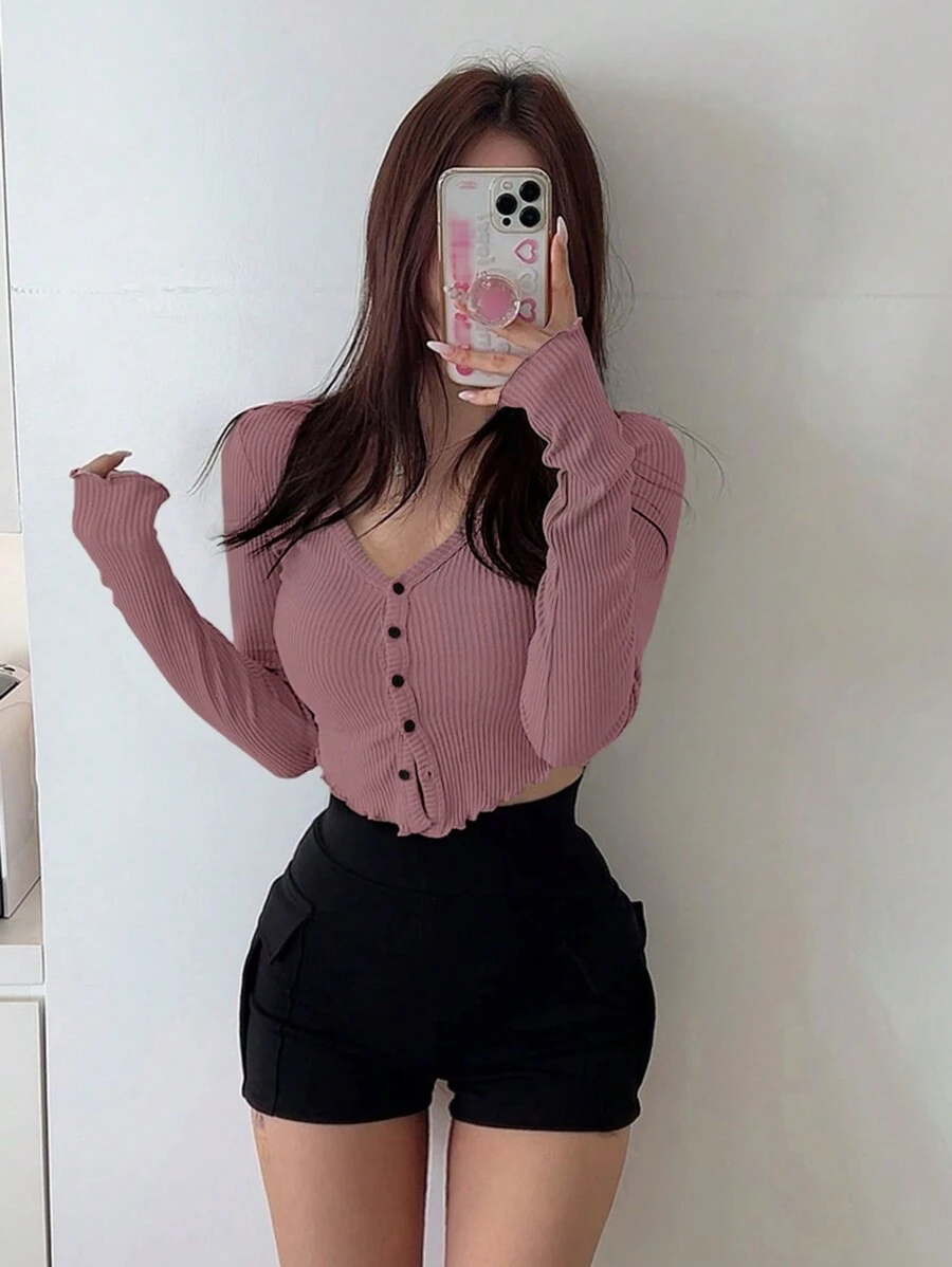 DAZY Áo thun ngắn tay màu trơn ôm sát, cài khuy một hàng, áo dài tay mùa thu. - Bụi hồng - Xem 1