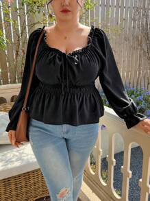 Flirla Hơn Lá sen tỉa Nút phía trước tay áo lá sen Áo sơ mi Peplum - màu đen - Xem 1