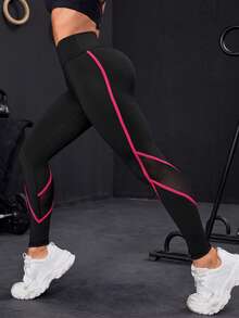 Leggings deportivos de malla en contraste - Negro - Ver 4