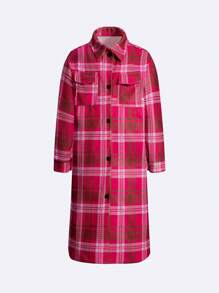 SHEIN Unity Plaid Print Flap Pocket Button Front Overcoat Fall Cloth For Women - Hot Pink - View 1