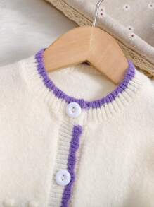 SHEIN Young Girl Grape Pattern Cardigan & Ruffle Hem Knit Pants - Purple - View 3