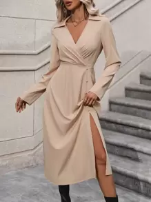 SHEIN Clasi Chất rắn Tách đùi Chi tiết bọc Đầm - Màu be - Xem 1