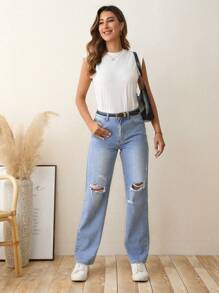 SHEIN LUNE Ripped Straight Leg Jeans Without Belt - Light Wash - View 6