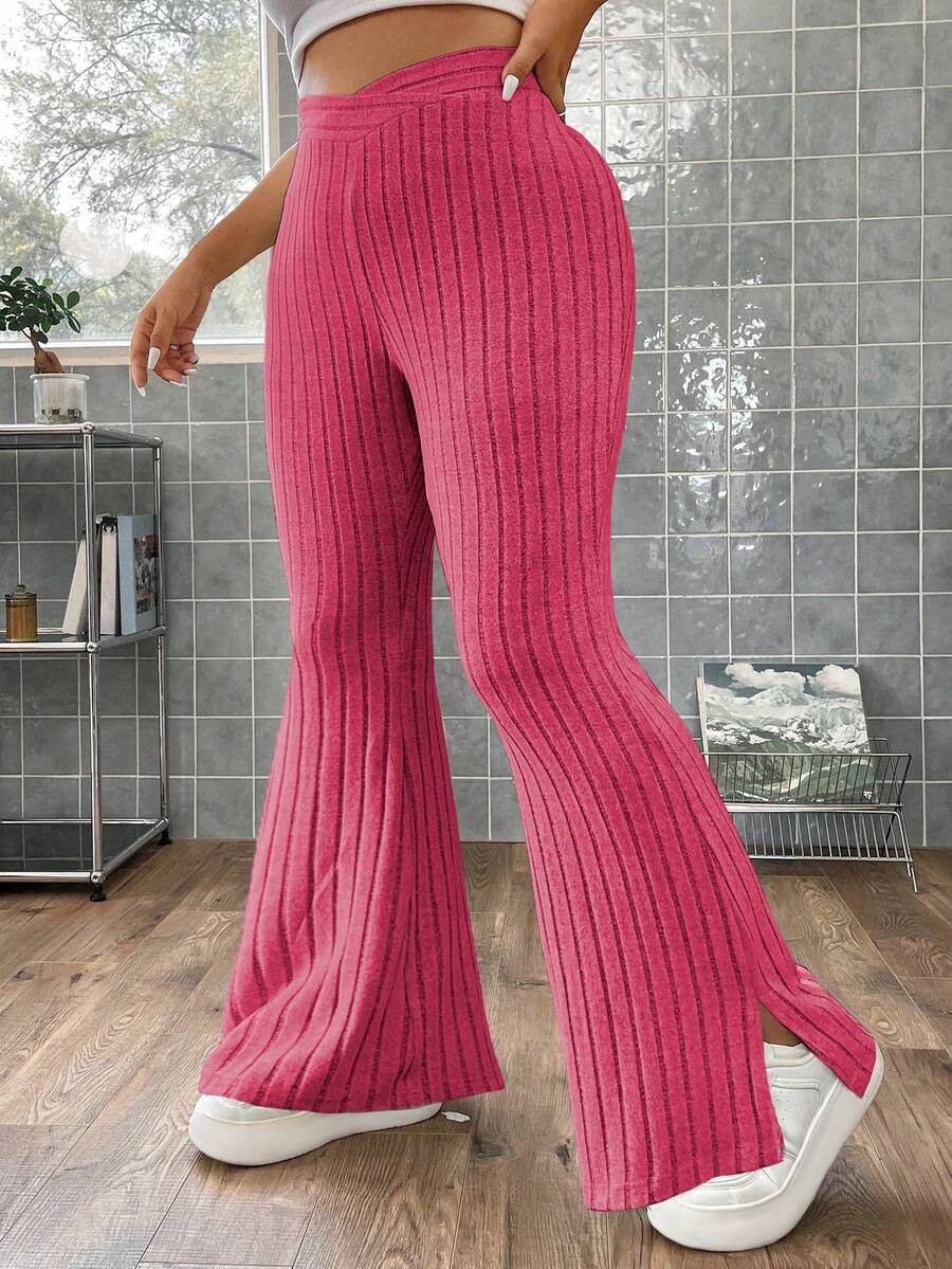 Flirla Hơn Eo chồng lên Viền chia cắt Quần ống loe - Màu Hồng Tươi - Xem 1