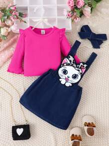 Baby Girl Ruffle Trim Tee & Cartoon Graphic Overall Dress & Headband - Hot Pink - View 1