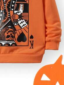 SHEIN Young Boy Playing Card Print Sweatshirt - Orange - View 3