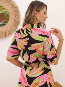 SHEIN 女性熱帶彩葉短袖削肩上衣 - 彩色 - 查看 4