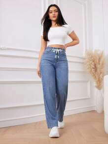 SHEIN Privé Drawstring Waist Straight Leg Jeans - Light Wash - View 5