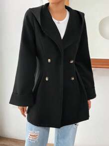 SHEIN EZwear 雙排釦連帽花呢外套 - 黑色 - 查看 3