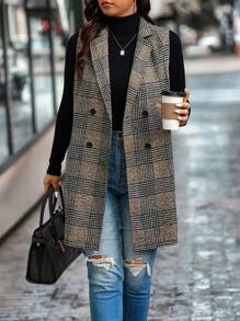 Calvaya Plus Plaid Double Breasted Vest Blazer Graduation,Back To School,Teacher Outfits For Women Winter Fall Autumn - Brown - View 3