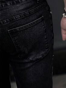 Quần Jeans Nam Nút Túi Dây kéo màu trơn - Màu xám đen - Xem 5