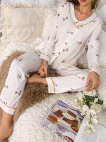 印花拼接滾邊睡衣套裝 - 白色 - 查看 4